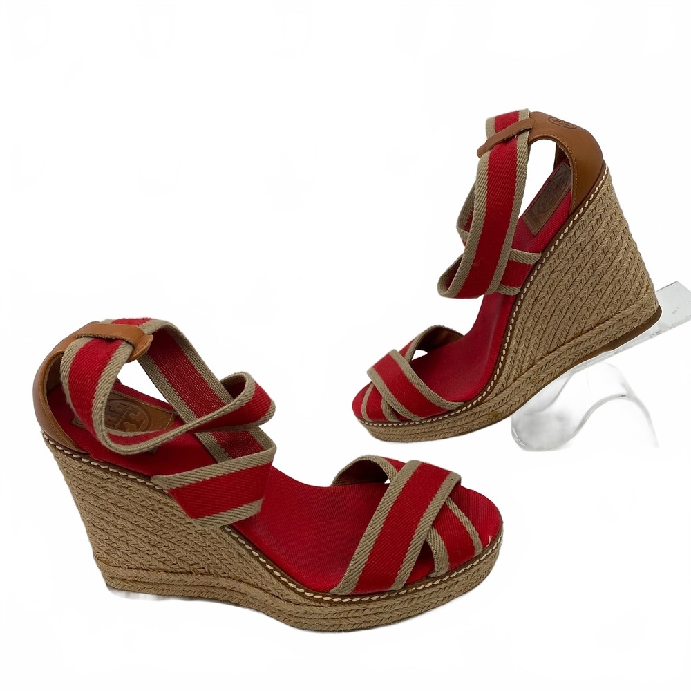 Tory Burch Red Tan Canvas Leather Wedges | Women’s US 10